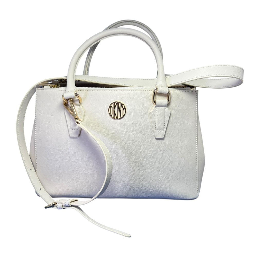 DKNY White Saffiano Leather Satchel Crossbody Handbag Gold Hardware